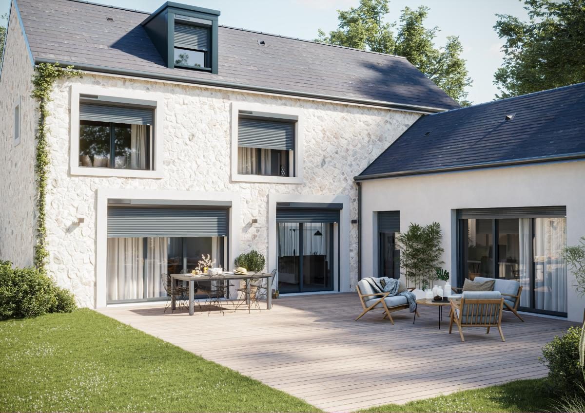 Maison avec terrasse équipée de volets roulants solaires LAKAL RS100 Solar io